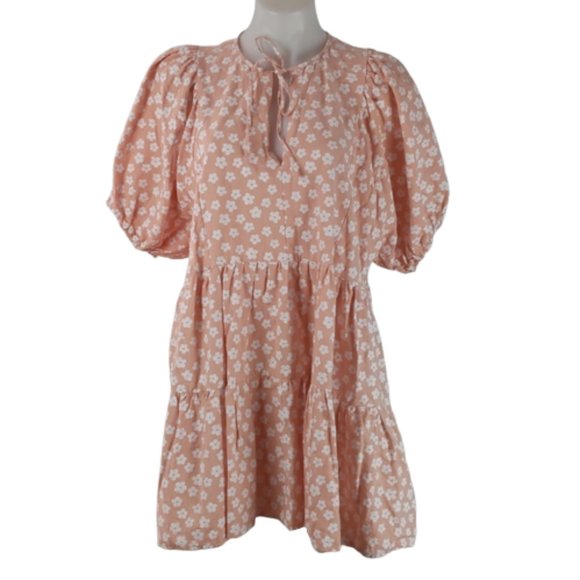 The Self Styler Dresses & Skirts - The Self Styler Dress Size 14 Pink White Floral Puff Sleeves Ruffle Tie-up Neck